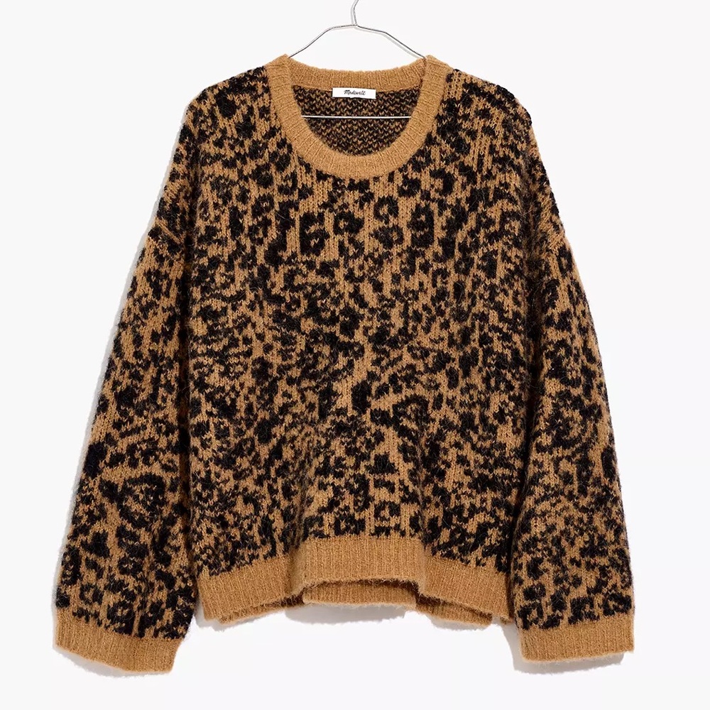 Madewell Oversized Alpaca Crewneck Pullover Sweater in Leopard